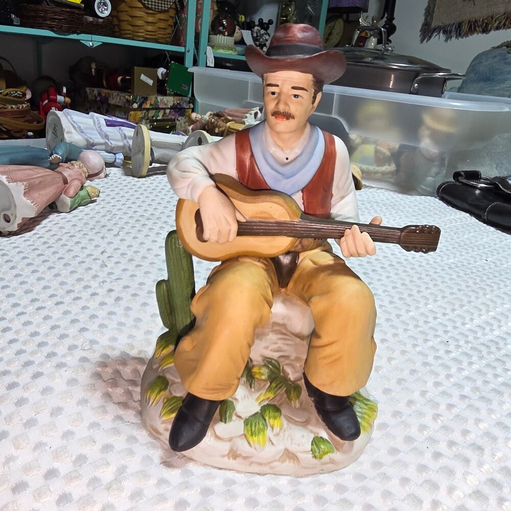 HOMCO VINTAGE COWBOY PLAYING GUITAR BISQUE PORCELAIN FIGURINE
